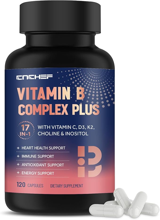 17-in-1 Vitamin B Complex Plus – Vitamin B1, B2, B3, B4, B5, B6, B7 (Biotin), B8 (Inositol), B9, B12, C, D3, K2, Energy, Immune, Skin, Nerve Support for Men & Women - 120 Capsules