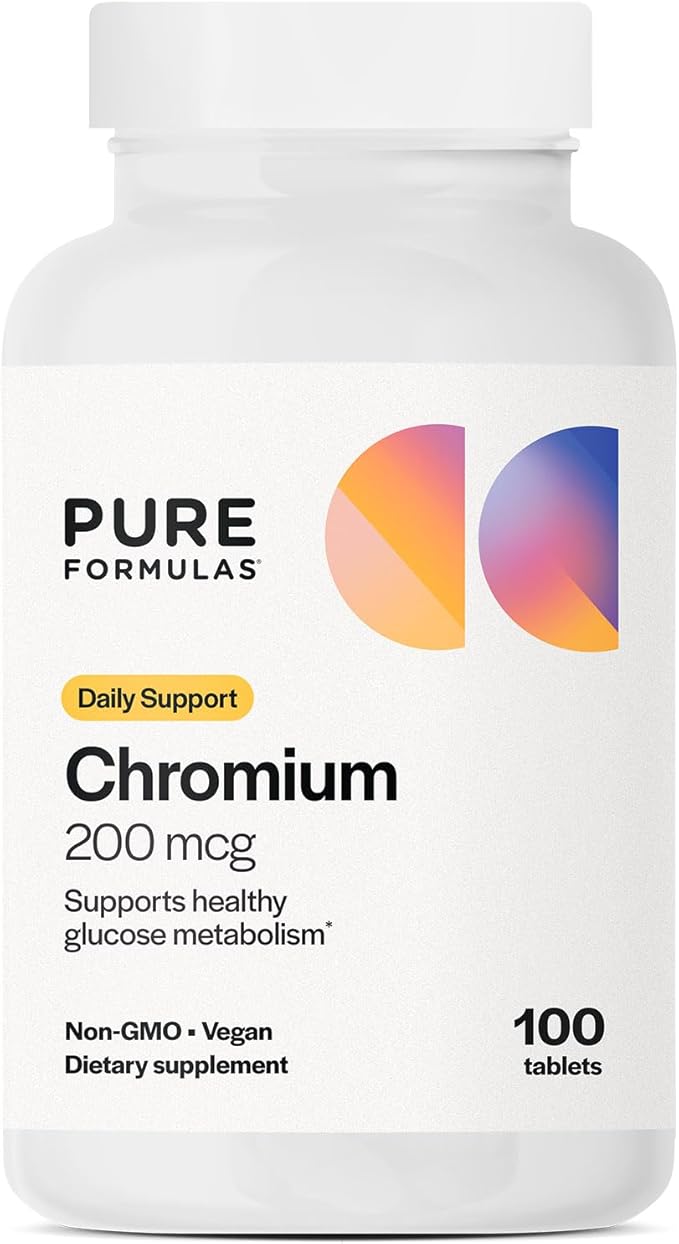 Pure Formulas Chromium 200 mcg Tablets, Glucose Metabolism Support Supplement for Daily Wellness, Non-GMO, Vegan, and Kosher, Chromium Nicotinate Glycinate for Metabolic Balance - 100 Count