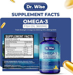 Dr. Wise Omega 3 Fish Oil 3600mg – 2160mg Omega-3 per Softgel (1300mg EPA, 860mg DHA) – Triple Strength, Once Daily – 90 Burpless Lemon Softgels – 3-Month Supply