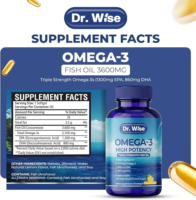 Dr. Wise Omega 3 Fish Oil 3600mg – 2160mg Omega-3 per Softgel (1300mg EPA, 860mg DHA) – Triple Strength, Once Daily – 90 Burpless Lemon Softgels – 3-Month Supply