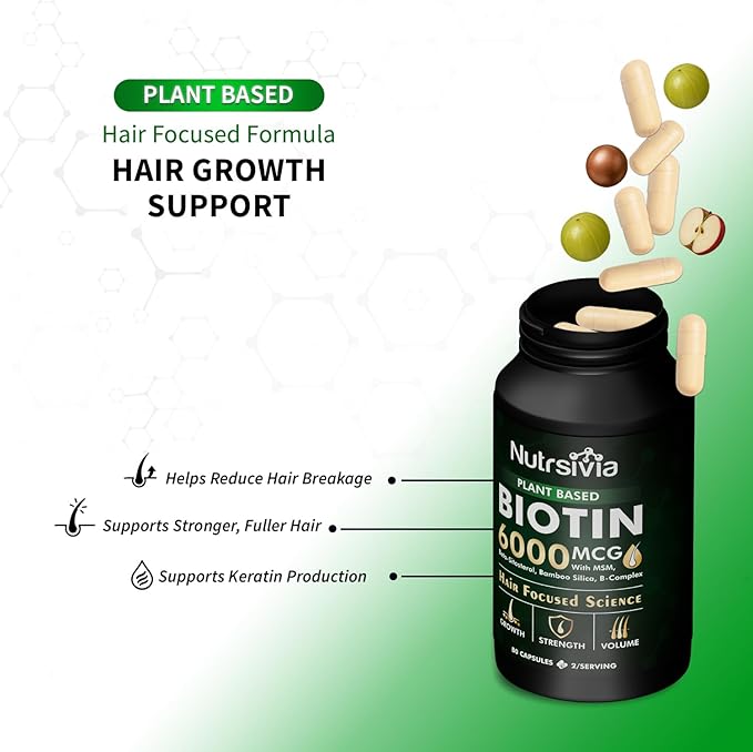 Biotin 6000mcg Hair Growth Supplement with MSM& Bamboo Silica - Hair, Skin & Nail Support for Women & Men, 80 Capsules.