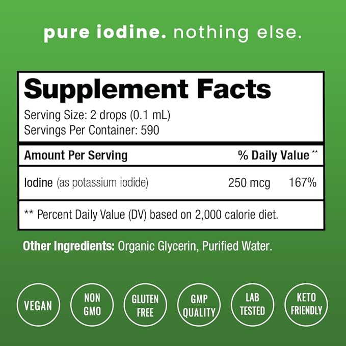 Organic Iodine Liquid Drops - 250 mcg Iodine Supplement for Women & Men - Potassium Iodide Solution 250 mcg - 590 Servings - Thyroid, Hormone & Metabolic Support - Non-GMO, Vegan