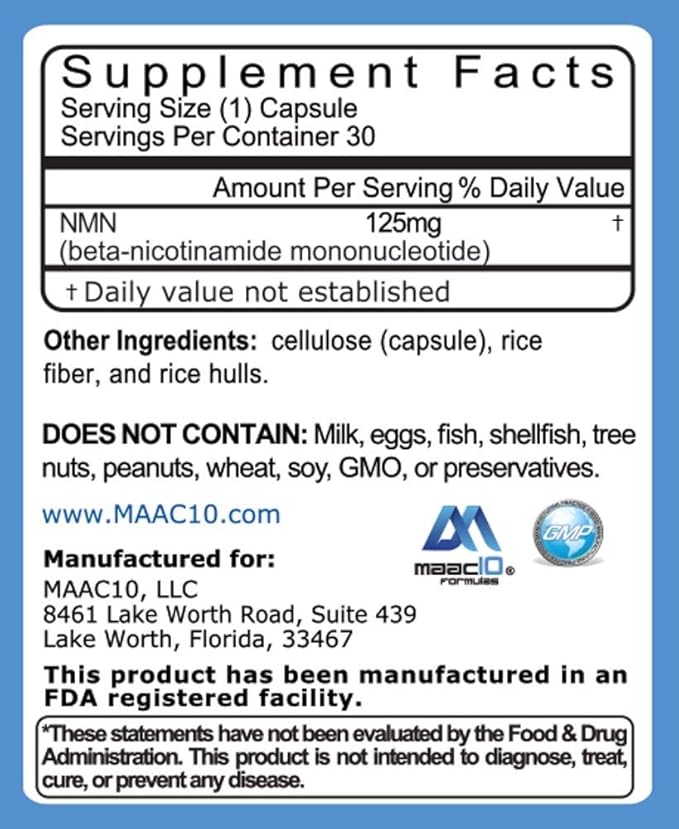 MAAC10 NMN Supplement Real Nicotinamide Mononucleotide (NMN 125mg Capsules). The Most Powerful NAD+ Precursor More Stable Than Riboside. We use 99% Pure Pharmaceutical Grade Stabilized NMN (90 Count)