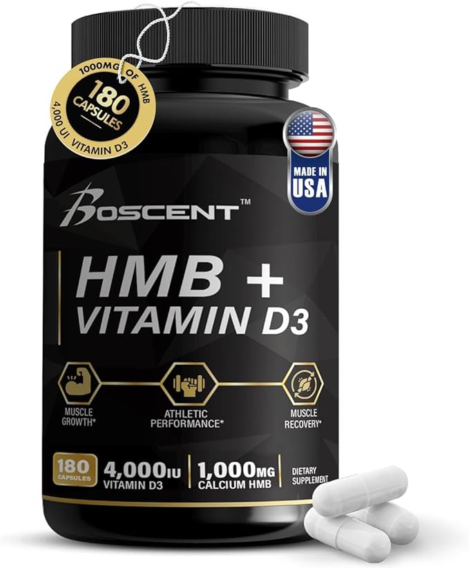 HMB and Vitamin D3 Supplement 1,000 MG (180 Capsules) - HMB supplements with 4,000 UI of D3 & Calcium - Muscle Growth, Strength & cure - B-Hydroxy B-Methylbutyrate Butyrate - Muscle Builder for Men