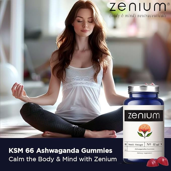 Zenium - Ashwagandha High Potency Gummies of KSM 66 | Mango Flavored | Relieve, Tension, Worry, Nervousness, & Irritability | Calm The Mind & Body | Ayurvedic | Natural Relief Supplement | 60 Count