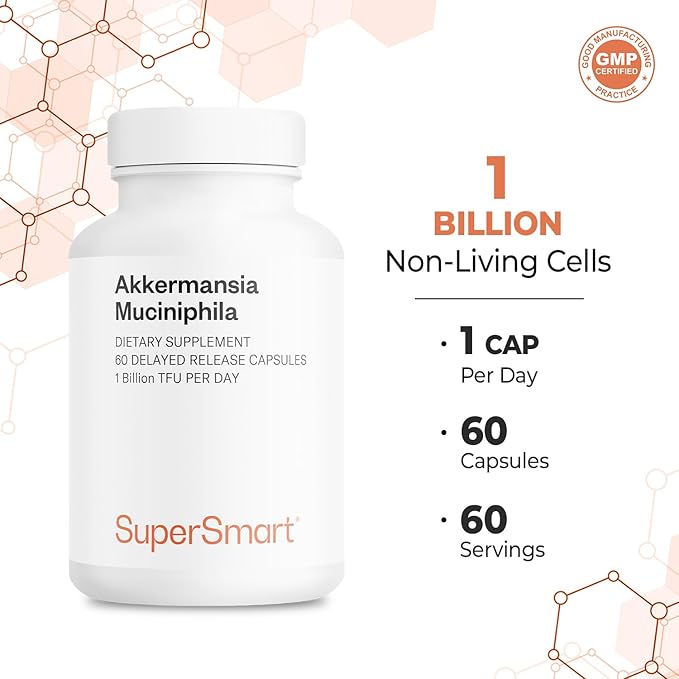 Supersmart Akkermansia Muciniphila 1 Billion TFU per Day (Pasteurized Probiotic) - Enhanced Absorption - Postbiotic Supplement | Non-GMO & Gluten Free - 60 Delayed Release Capsules