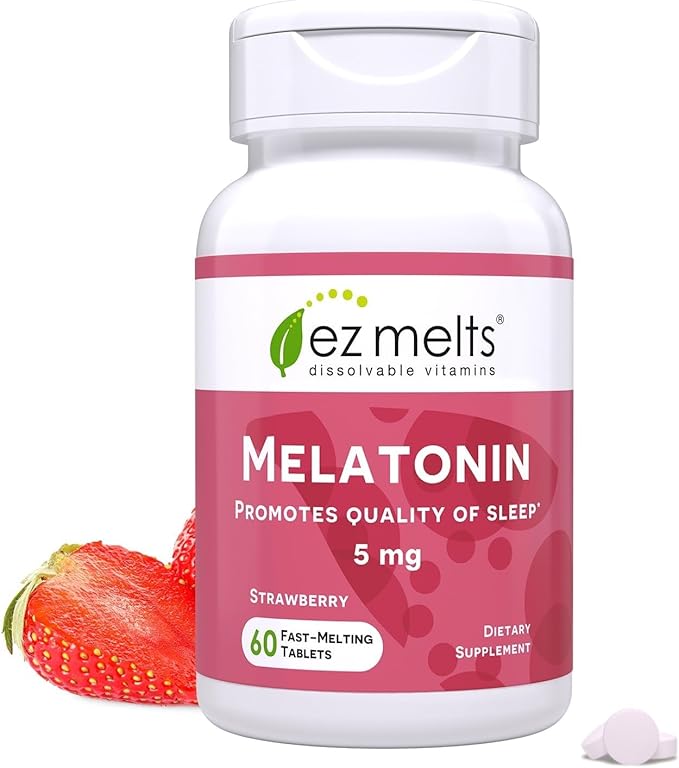 EZ Melts Melatonin - Sleep Support Supplement - No Artificial Flavors - Non-GMO & Sugar-Free - Strawberry - 60 Dissolvable Tablets (60 Servings)