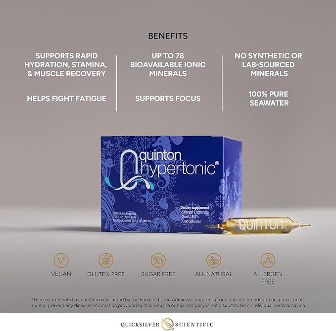 Quicksilver Scientific Original Quinton Hypertonic Solution - Sea Water Hydration - Liquid Minerals with Electrolytes for Muscle Recovery, Stamina+Mineral Replenishment (30 Single Serving Glass Vials)