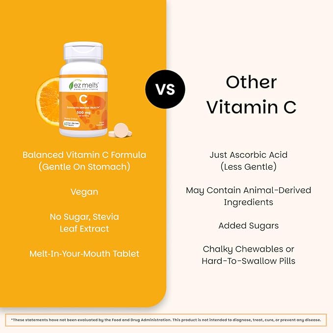 EZ Melts Vitamin C - Daily Vitamin for Antioxidant & Immune Support - No Artificial Flavors - Non-GMO & Sugar-Free - Orange Citrus - 60 Dissolvable Tablets (30 Servings)