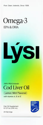 LYSI Icelandic Cod Liver Oil Liquid Supplement – 1,100 mg Omega-3 per Teaspoon – EPA 740 mg & DHA 920 mg per 2 TSP – with Vitamins A, D & E – Mint Flavor – 8.12 fl oz (24 Servings)