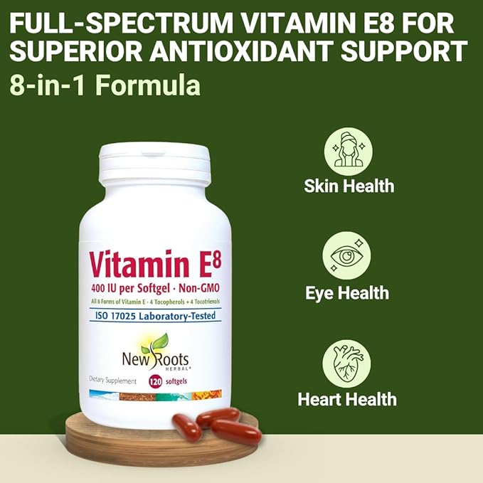NEW ROOTS HERBAL Vitamin E 400 IU Capsules | Vitamin E8 Supplement (120 Softgels) with All 8 Types of Vitamin E | 4 Tocopherols & 4 Tocotrienols for Women & Men