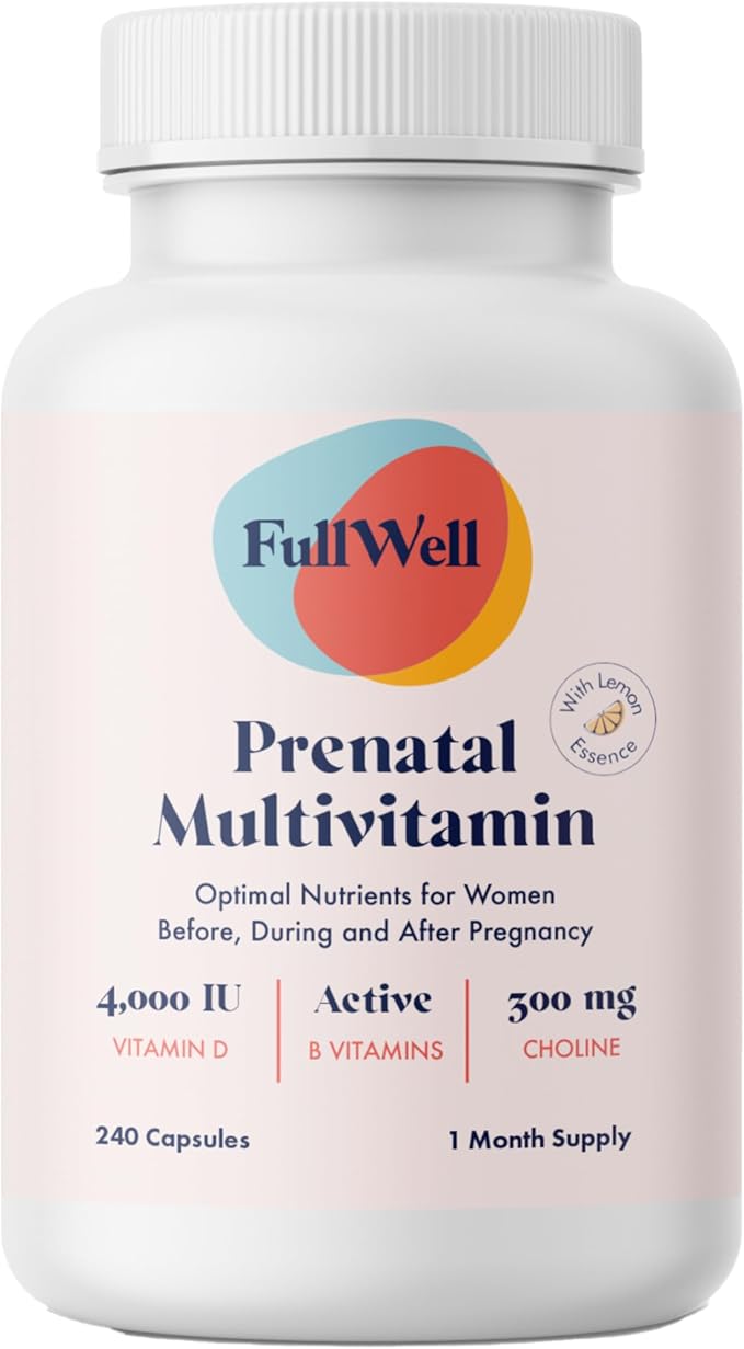 FullWell Women's Prenatal Multivitamin with Lemon Essence - Healthy Pregnancy Support - Contains Choline & Folate - Supports Fetal Growth & Brain Development* - 240 Count (30 Servings)