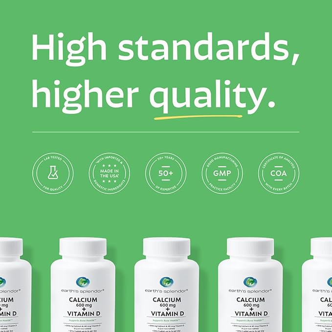 Earth's Splendor Bone Health Support, with Calcium & Vitamin D Supplement, Vitamin Supplements, for Men & Women, (600mg Calcium, 120 Tablets)