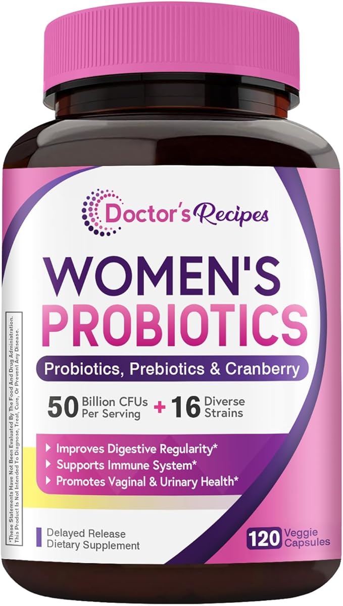 Doctor's Recipes Women's Probiotic, 120 Caps 50 Billion CFU 16 Strains, with Organic Cranberry, Digestive Immune Vaginal & Urinary Health, Shelf Stable, Delayed Release, No Soy Gluten Dairy
