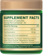 Liposomal NAD+ Supplement 500 Mg with NAD Trans-resveratrol 50 Mg – Cellular Energy & Mitochondrial Support – Healthy Aging & Antioxidant Support – 60 Capsules (30 Servings)