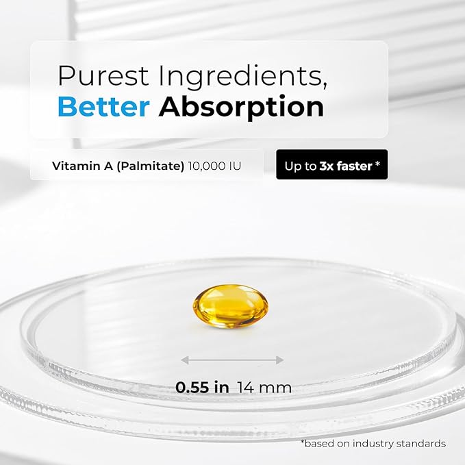 Vitamin A - 120 Softgels 10,000 IU - Helps Support Eye, Skin Health and Immune System - 4 Months Supply Vitamin A Supplement Made in Canada, Non-GMO