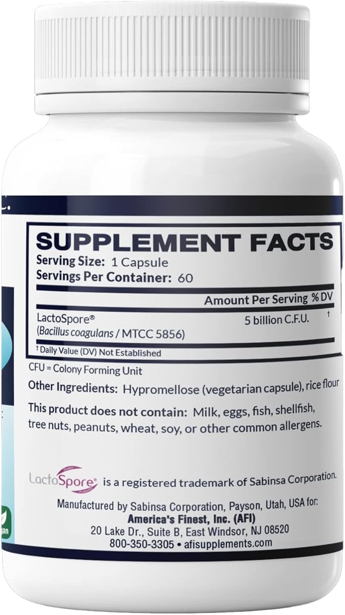 AFI LactoSpore® ES Spore Probiotic | 5B CFU Heyndrickxia Coagulans | Supports Gut, Digestive, Immune & Vaginal Health | Positive Mood Balance I Dairy, Gluten & Soy Free | Made in USA - 60 Capsules
