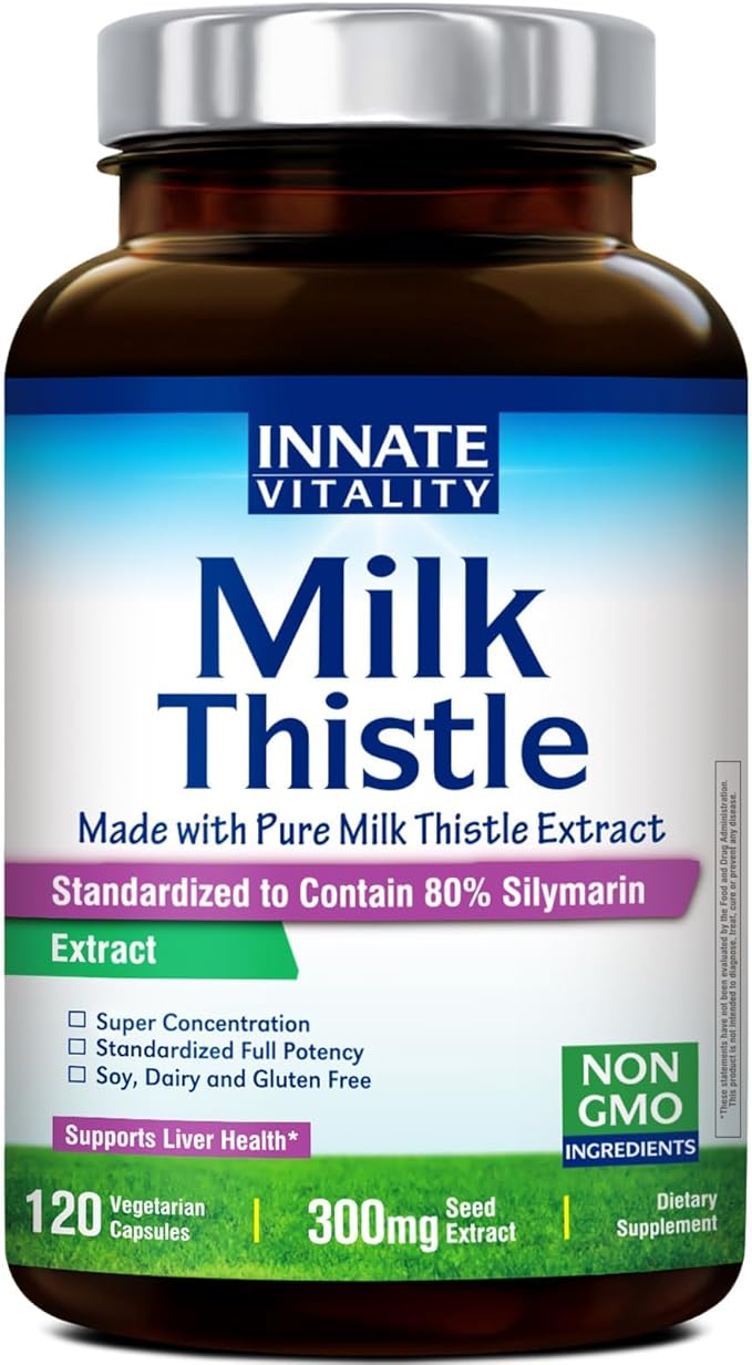 Innate Vitality Organic Milk Thistle Supplement, 300mg Extract, 80% Silymarin Flavonoids, Liver Health, Detox & Cleansing, Made in USA, Non-GMO, 120 Veggie Capsules