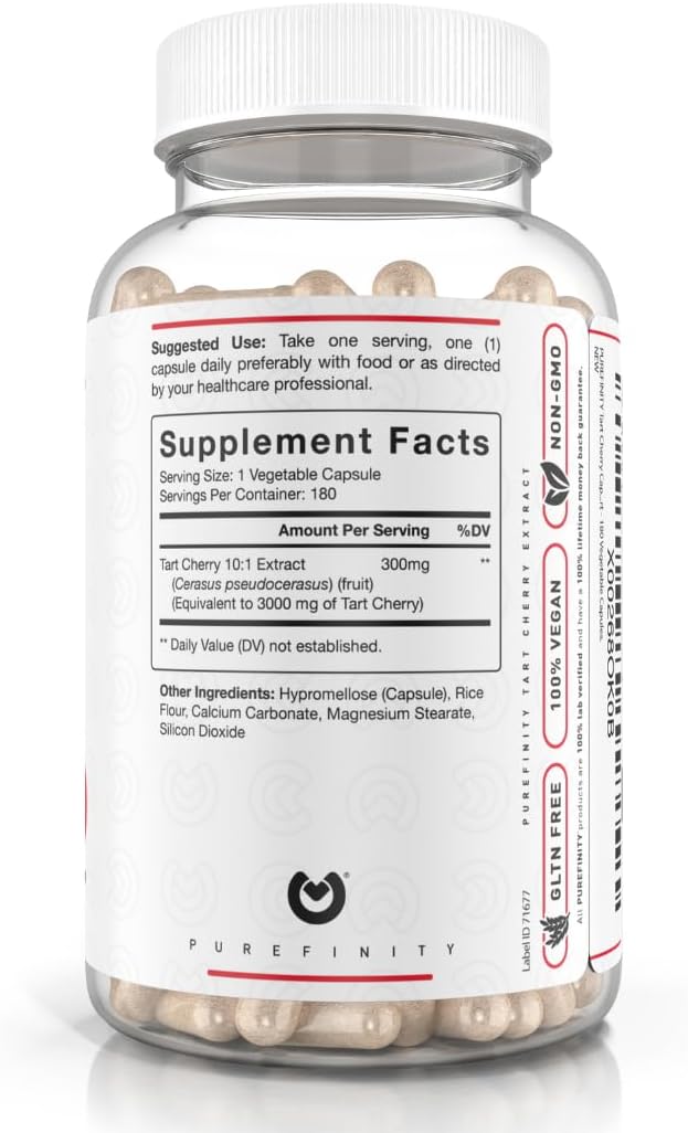 PUREFINITY Tart Cherry Capsules – Uric Acid Flush & Cleanse to Support Joint & Muscle Comfort with 3000 mg Raw Extract, Non-GMO, Gluten Free, Vegan – 180 Count (6 Month Supply)