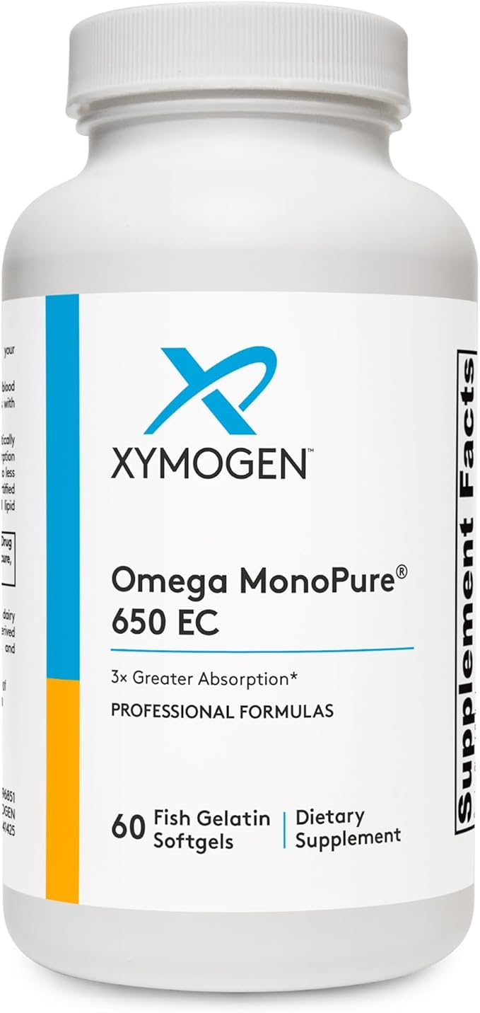 XYMOGEN Omega MonoPure 650 EC - Heart & Brain Support - DHA & EPA Omega-3 Fish Oil - Monoglyceride High Absorption Softgels - Enteric Coated - 60 Softgels