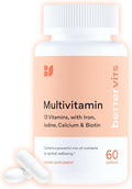 Bettervits Multivitamin for Women & Men | Womens Daily Multivitamin with 13 Essential Vitamins Iron, Iodine, Calcium and Biotin | Vitamins A, K2, D3, C, B1, B2, B3, B5, B6, B7, B9, B12 | 60 Capsules