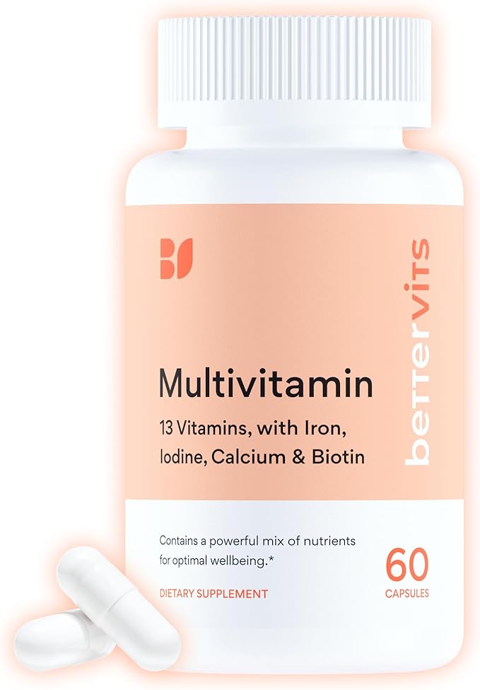 Bettervits Multivitamin for Women & Men | Womens Daily Multivitamin with 13 Essential Vitamins Iron, Iodine, Calcium and Biotin | Vitamins A, K2, D3, C, B1, B2, B3, B5, B6, B7, B9, B12 | 60 Capsules