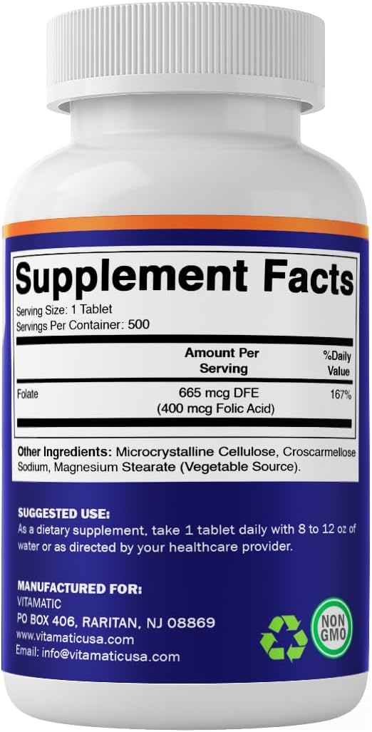 Vitamatic Folic Acid 400 mcg - 500 Vegetarian Tablets - Vitamin B9