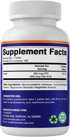 Vitamatic Folic Acid 400 mcg - 500 Vegetarian Tablets - Vitamin B9