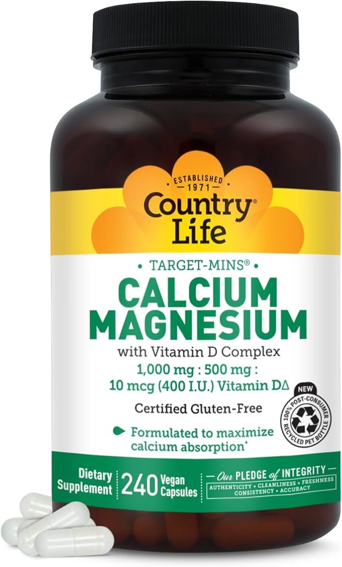 Country Life Target-Mins Calcium Magnesium with Vitamin D-Complex, 1000mg/500mg/10mcg, 240 Vegan Capsules, Certified Gluten Free, Certified Vegan