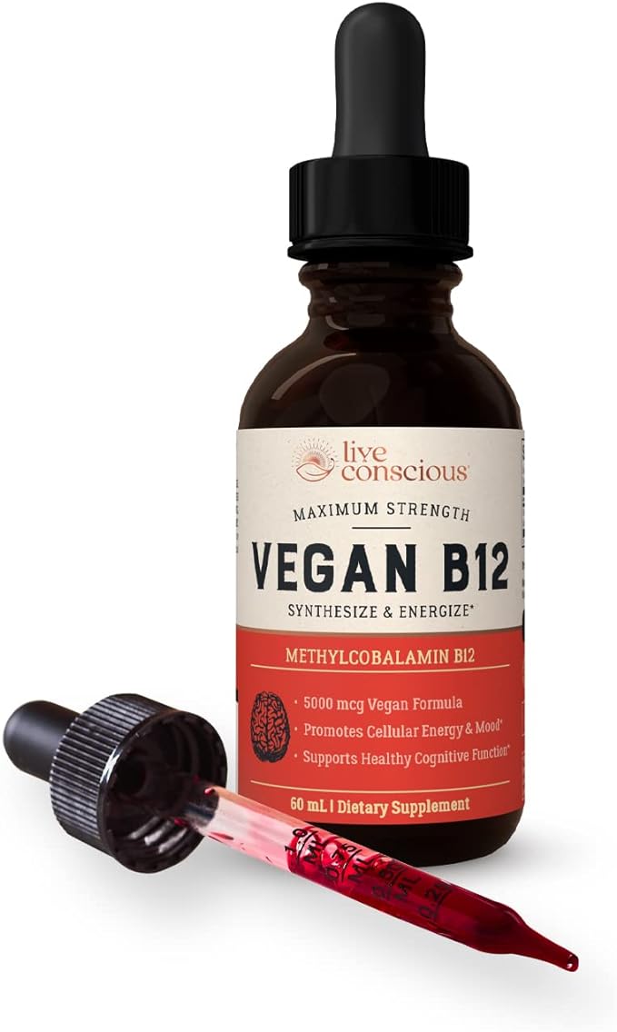 Live Conscious Vegan Vitamin B12 Sublingual Liquid Drops | Methylcobalamin Max Strength B12 5000mcg Formula | Vegan B 12 Vitamin Support Energy | Promote Memory & Aid Immune System | 60 Serving