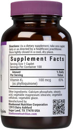 BlueBonnet Vitamin K1 100 mcg Supports Bone Health - Phylloquinone Crystalline Vitamin K Supplement - Non-GMO, Kosher Certified, Gluten-Free, Dairy-Free - 100 Vegan Caplets (Pack of 2)