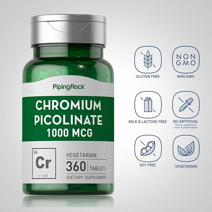 Piping Rock Chromium Picolinate 1000mcg | 360 Tablet Pills | Vegetarian, Non-GMO, Gluten Free Supplement