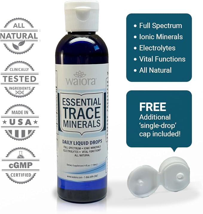 Waiora Essential Trace Minerals | Help Replenish Lost/Depleted Mineral | 60+ Ionic Trace Minerals | Support Body’s Vital Functions, pH Balance | Plus Electrolytes for Hydration (1 Bott / 48 serv)
