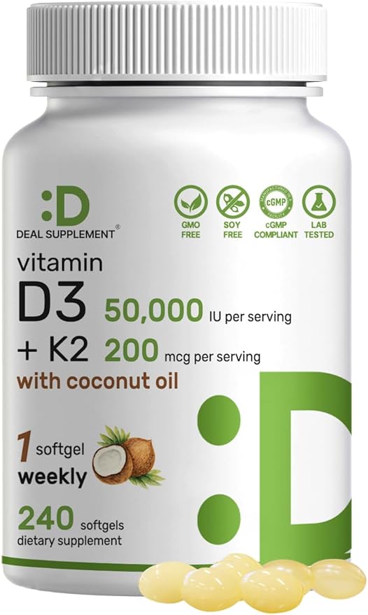 DEAL SUPPLEMENT Vitamin D3 50,000 IU + K2 MK7 200mcg Softgels, 240 Count | 2-in-1 Complex with Virgin Coconut Oil | Supports Heart, Bone, Teeth & Immune Health | Easy to Swallow