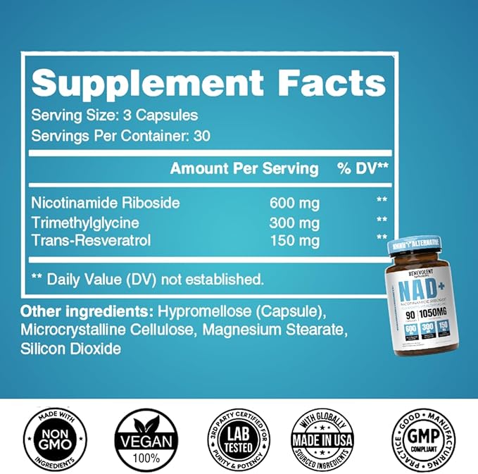 Benevolent NAD+ Supplement 1050mg, Max Absorption 3in1 NAD Supplements for Women & Men with Nicotinamide Riboside, Trans-Resveratrol & TMG, NAD Plus for Cellular Energy, Brain Support & Aging, 90 Caps