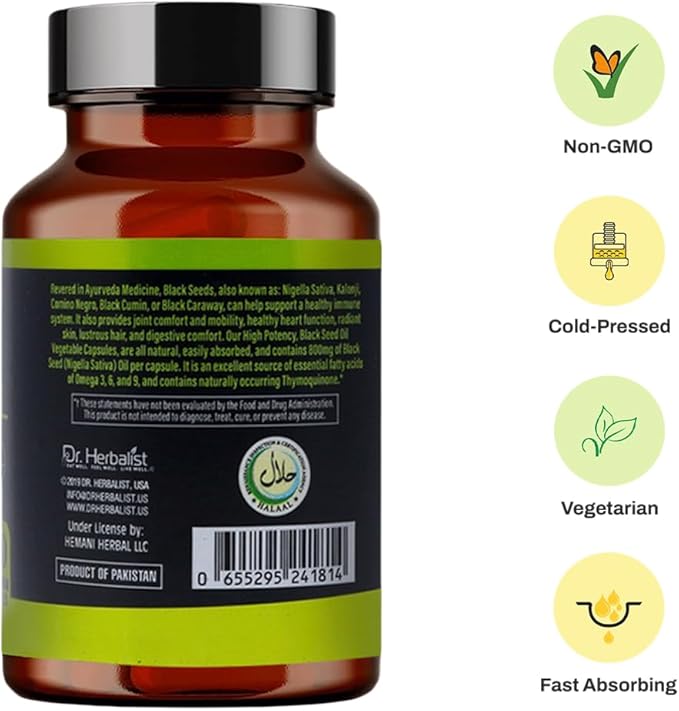 Dr. HERBALIST Black Seed Oil Capsules 1600mg - Cold Pressed Nigella Sativa Softgels with Thymoquinone | Supports Overall Wellness & Immune Vitality* | Halal, Non-GMO | 60ct