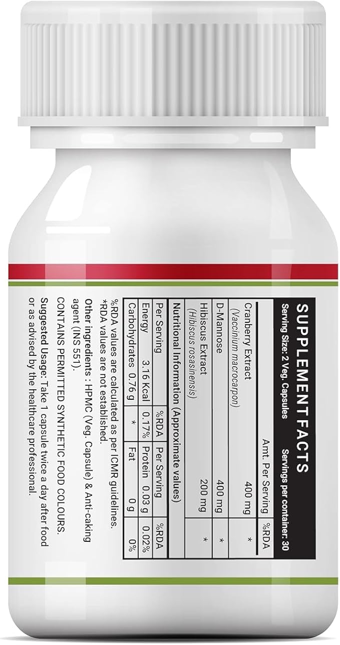 Cranberry Capsules for Urinary Tract | D-Mannose Hibiscus Extract | Health Supplement for UTI | Men Women - 60 Vegetarian Capsules (Pack of 1, 60)