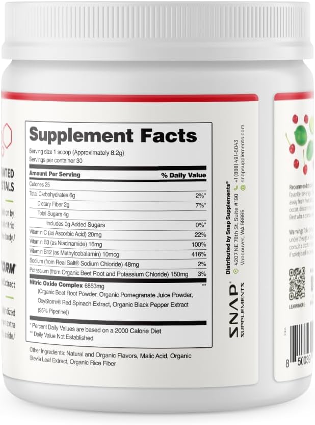 Snap Supplements Organic Beet Root Powder Nitric Oxide Supplement for Men & Women, Red Spinach & Pomegranate, Supports Healthy Energy & Blood Pressure Already in Normal Range, 30 Servings, Cherry Lime