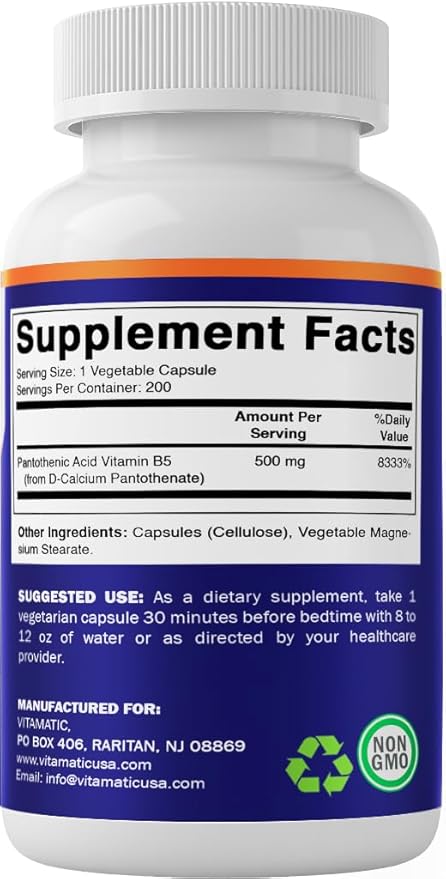 Vitamatic Pantothenic Acid (Vitamin B5) 500 mg- 200 Capsules