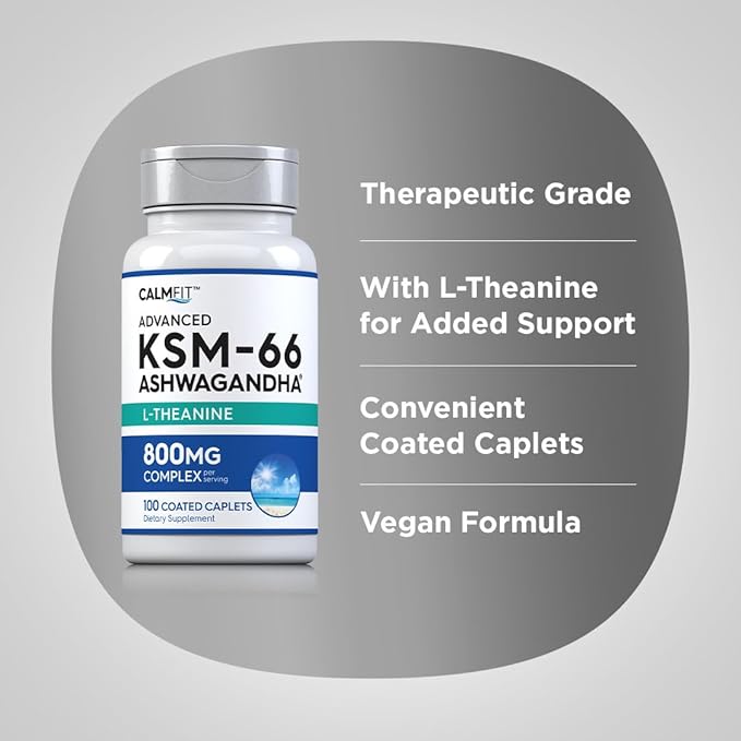 Piping Rock KSM-66 Ashwagandha Extract Supplement | 800mg Complex | 100 Caplets | Advanced Formula with L-Theanine | Vegan, Non-GMO, Gluten Free