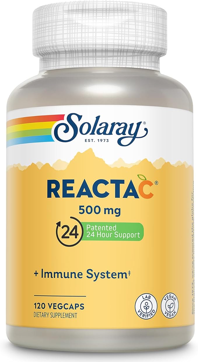 SOLARAY Reacta-C with 500mg Vitamin C, 200mg Bioflavonoid Concentrate, Immune System Defense Vitamins, Patented 24 Hour Immunity Booster Support Supplement, Vegan, 120 Capsules, 120 Servings.