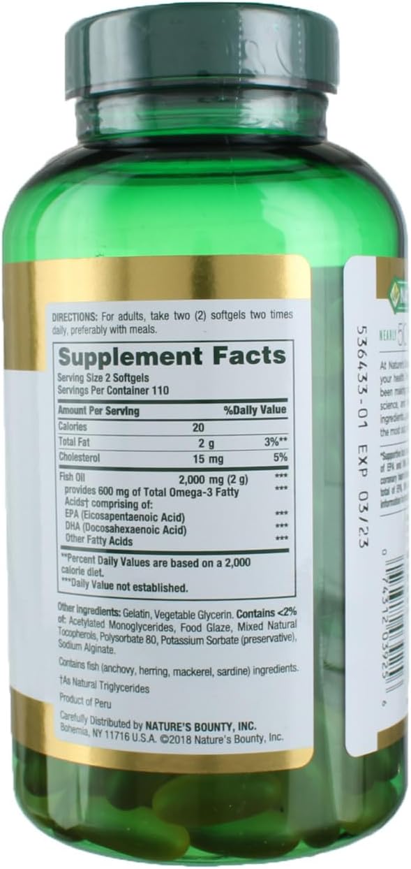 Nature's Bounty Fish Oil 1000 mg Omega-3, 220 Odorless Softgels (Pack of 3)
