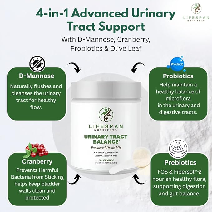 D Mannose with Cranberry and Probiotics Powder Supports Urinary Tract and Bladder Health Easy Mix Drink Vegan Gluten Free 30 Servings