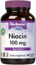 Bluebonnet Niacin 100mg Vitamin B3 Nicotinic Acid - Heart Health Support for Women & Men* - Non-GMO, Vegan, Kosher, Gluten-Free, Soy-Free, Dairy-Free Flush Niacin Supplement - 90 Vegetable Capsules