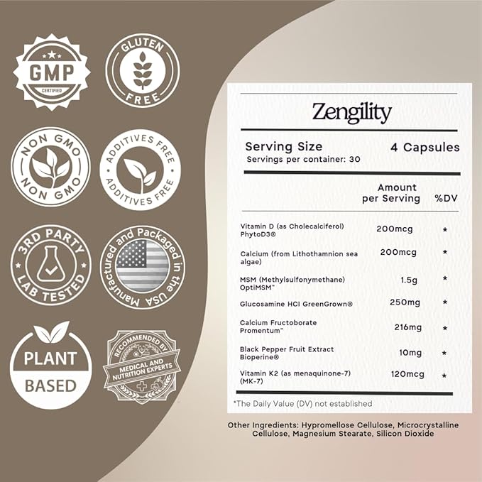 Zen Principle Zengility™ Joint Support & Bone Strength Supplement – Fast-Acting Relief with MSM, Plant Calcium, Vitamin K2 & D3. Shellfish-Free Vegan Formula for Mobility & Comfort. 120 Capsules