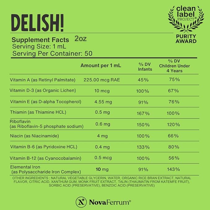 NovaFerrum Delish | Vegan Multivitamin with Iron for Infants, Toddlers & Kids | Immune Support | Organic Plant-Based D-3 | Gluten Free | Vegan Verified | Sugar Free | 1.69 Fl Oz (50 mL) (Pack of 2)