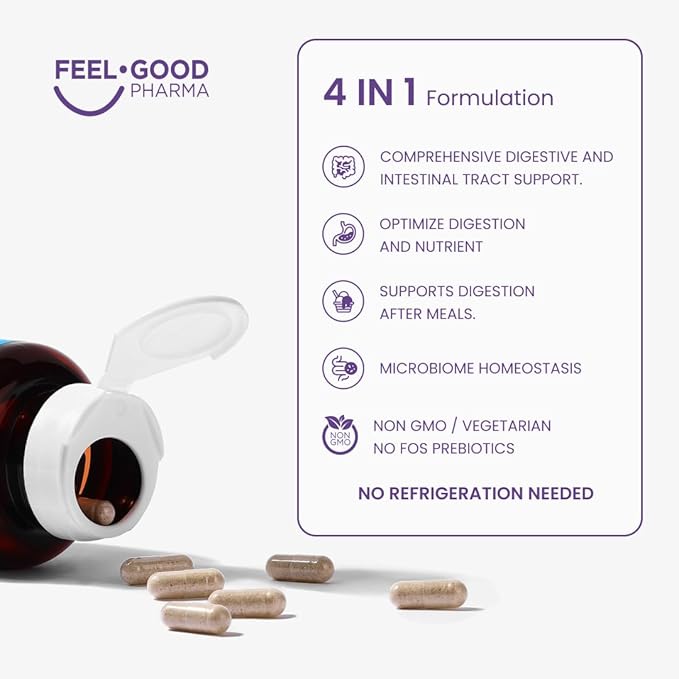 Feel Good Digestive Enzymes 4-in-1 Synbiotic+ – with Prebiotics, Probiotics & Postbiotics – Gut Health, Digestion & Bloating Relief – Pharmacist Formulated for Adults