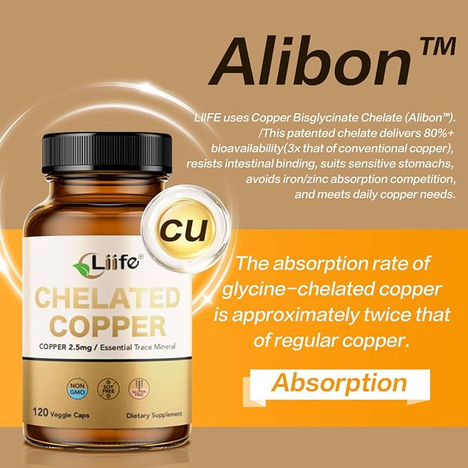 LIIFE Albion Chelated Copper 2.5mg, Copper Supplements, Supporting Red Blood Cells, Collagen, and Energy Production, 120 Veggie Capsules