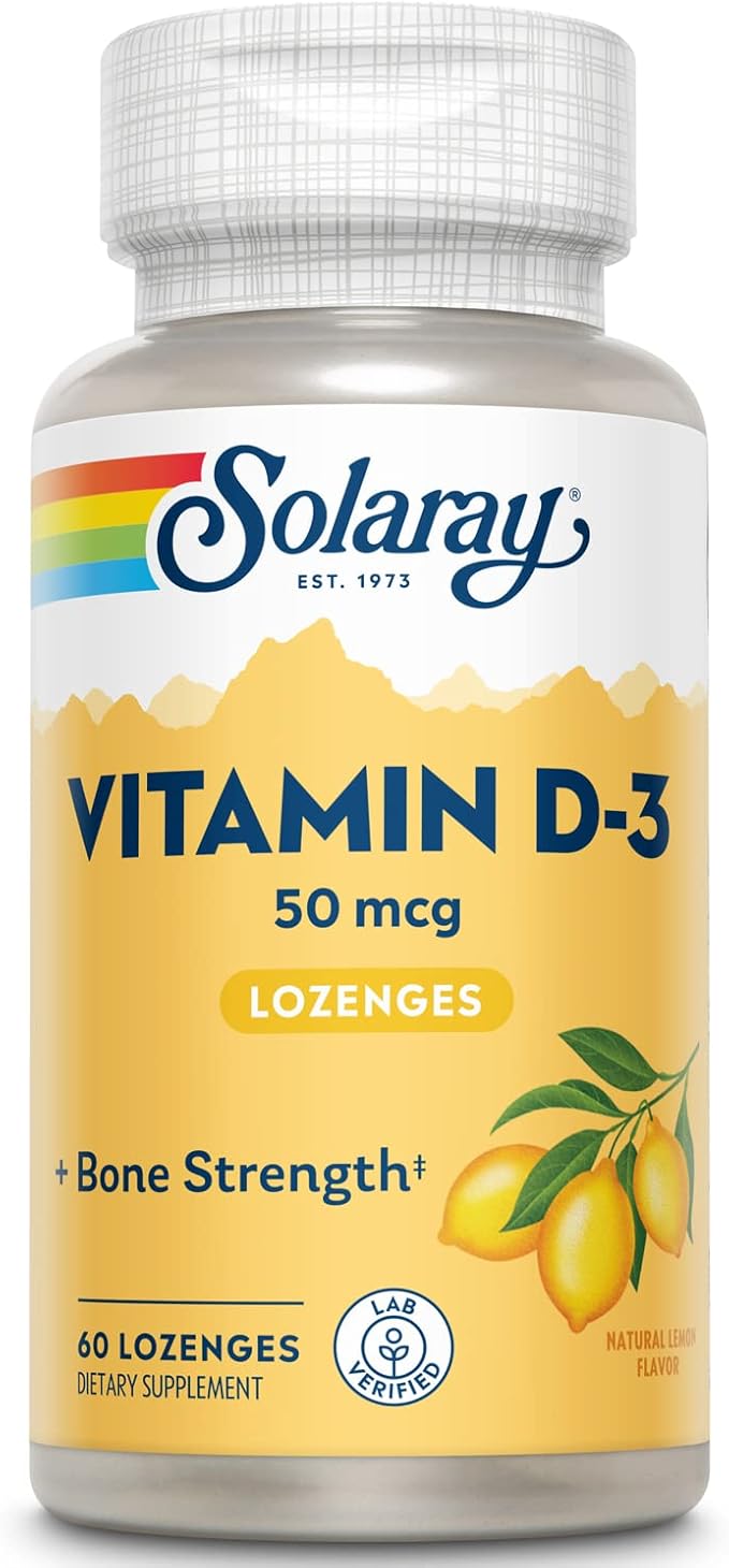 SOLARAY Vitamin D3 2000IU Supplement for Men & Women - Vitamin D as Cholecalciferol, VIT D3 50 mcg for Adults, Bone Strength Support, Natural Lemon Flavor - 60 Lozenges