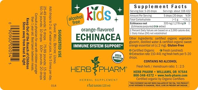 Herb Pharm Kids Certified-Organic Alcohol-Free Echinacea Glycerite Liquid Extract Drops, 4 oz